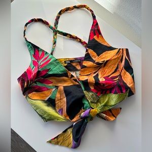 Zara Cropped X-Back Tie-Front Cotton Bra Top in Tropical Print Size S